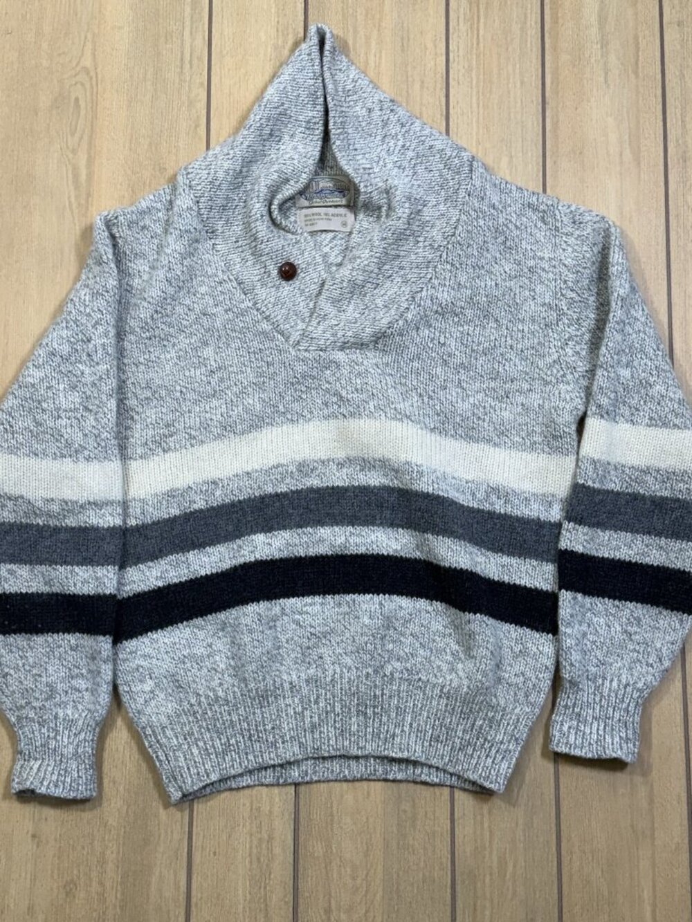 Vintage 80s Britches Great Outdoors Wool Shawl Collar Sweater Gray Striped M
